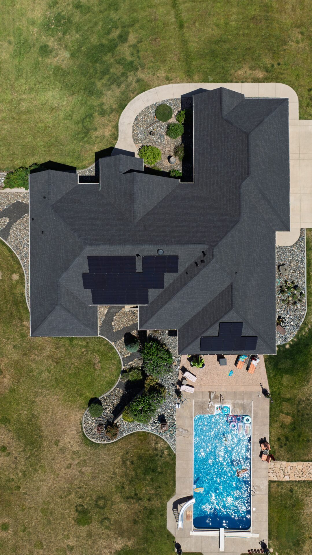 Top down aerial shot of a large completed roofing project done by Russell Quality Roofing
