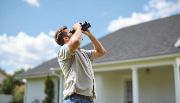A homeowner is using binoculars to inspect their roof from the ground, looking for signs of hail damage after a recent hailstorm. This method allows them to safely identify any possible damage on their roof, such as dents or granule loss on asphalt shingles, before contacting their insurance company for potential repairs.