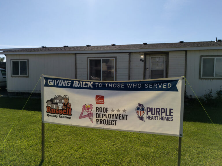 Russell Quality Roofing crew installing a new roof for Navy veteran Patrick Santos Jr. in Lewiston, Idaho, as part of the Owens Corning Roof Deployment Project