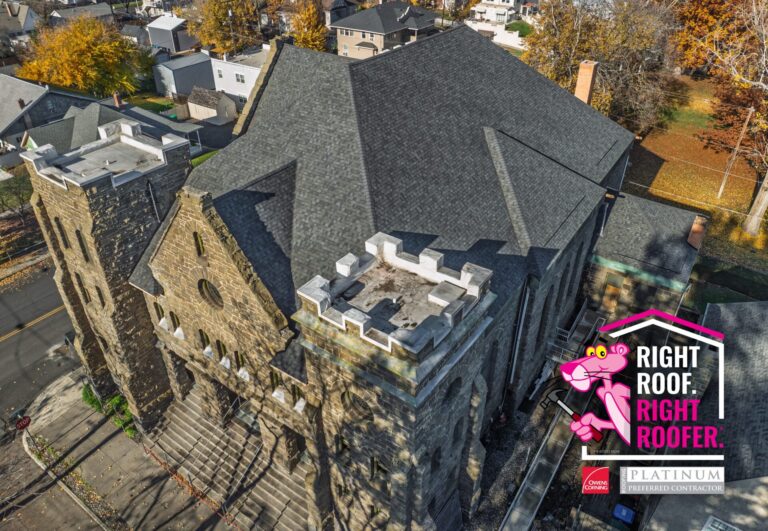 Completed roof for Anne Bollinger Arts Center. Highlighting Russell Quality Roofing as an Owens Corning Platinum Preferred Contractor