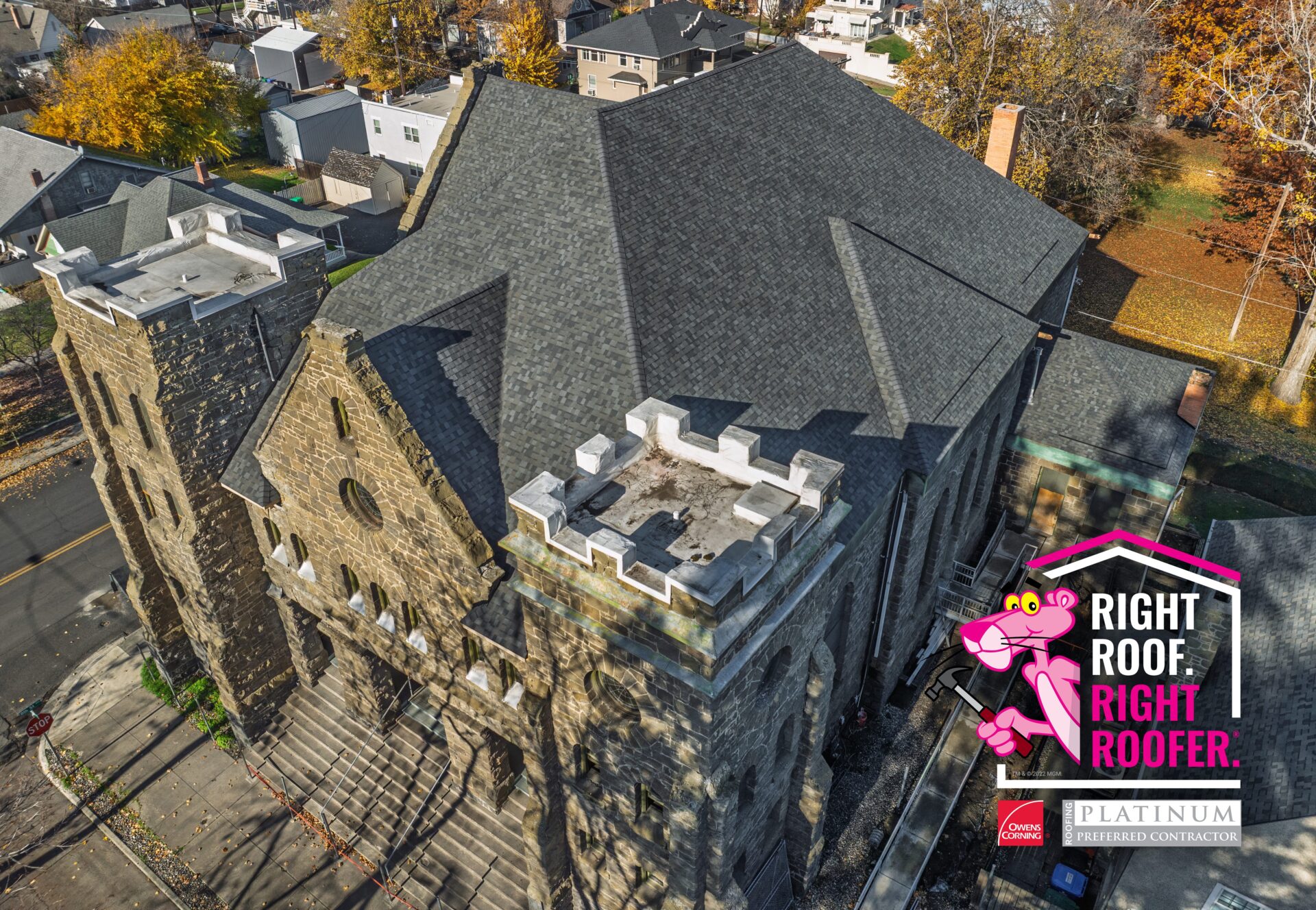 Completed roof for Anne Bollinger Arts Center. Highlighting Russell Quality Roofing as an Owens Corning Platinum Preferred Contractor